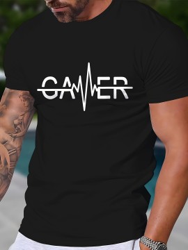 Men'S Casual Crew Neck T-Shirt with Geometric Gamer Pulse Graphic, 100% Polyester Knit Fabric, Slight Stretch, Regular Fit - Stylish Streetwear for Sports and Fitness