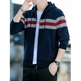 1pc Men'S Casual Color Block Chenille Hooded Knit Jacket - Polyester Long Sleeve Zip-Up with Slight Stretch, Regular Fit Hooded Sweater for Fall/Winter
