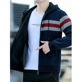 1pc Men'S Casual Color Block Chenille Hooded Knit Jacket - Polyester Long Sleeve Zip-Up with Slight Stretch, Regular Fit Hooded Sweater for Fall/Winter