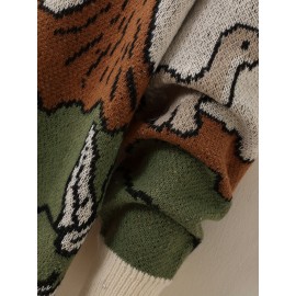 1pc Men'S Casual Round Neck Pullover Sweater, Polyester Knit with Animal Pattern, Loose Fit Long Sleeve for Autumn/Winter