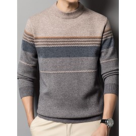 1pc Men'S Casual Striped Crew Neck Sweater, Polyester Knit Long Sleeve Pullover, Mature Style Solid Color Warm Top for Sports and Leisure