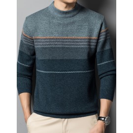 1pc Men'S Casual Striped Crew Neck Sweater, Polyester Knit Long Sleeve Pullover, Mature Style Solid Color Warm Top for Sports and Leisure
