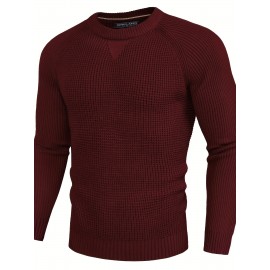 Men Waffle Textured Sweater Long Raglan Sleeve Crew Neck Ribbed Cuff Pullover