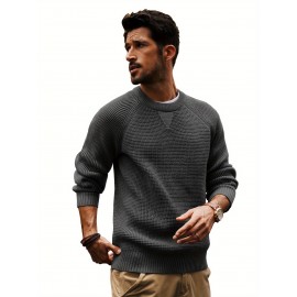 Men Waffle Textured Sweater Long Raglan Sleeve Crew Neck Ribbed Cuff Pullover