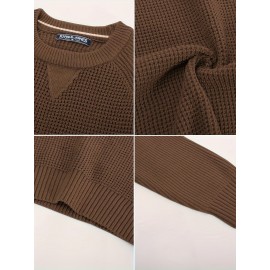 Men Waffle Textured Sweater Long Raglan Sleeve Crew Neck Ribbed Cuff Pullover