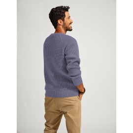 Men Waffle Textured Sweater Long Raglan Sleeve Crew Neck Ribbed Cuff Pullover