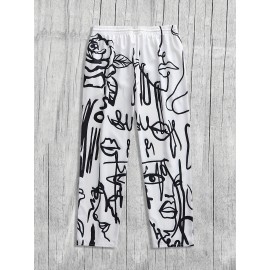 Men's Casual Athletic Joggers with Abstract Face Print - Loose Fit, Polyester Blend, Machine Washable