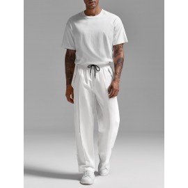 Mens Cotton Linen Pants Casual Pleated Drawstring Elastic Waist Loose Fit Beach Yoga Pants With Pockets