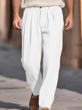 1pc Men'S Casual Wide Leg Pants - Cotton Blend, Solid Color, All-Season, Regular Fit, Slight Stretch, Woven Fabric, Mid Waist with Drawstring and Pleated Front - Versatile for Beach and Daily Wear