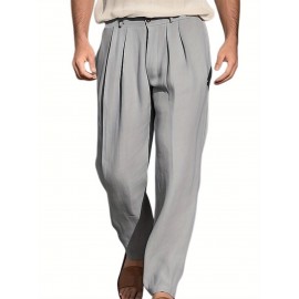 1pc Men'S Casual Wide Leg Pants - Cotton Blend, Solid Color, All-Season, Regular Fit, Slight Stretch, Woven Fabric, Mid Waist with Drawstring and Pleated Front - Versatile for Beach and Daily Wear