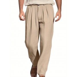 1pc Men'S Casual Wide Leg Pants - Cotton Blend, Solid Color, All-Season, Regular Fit, Slight Stretch, Woven Fabric, Mid Waist with Drawstring and Pleated Front - Versatile for Beach and Daily Wear