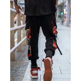 Men's Cargo Joggers, Loose Fit Tapered Leg Trousers With Straps And Ribbed Cuffs, Sports Drawstring Pants For Streetwear