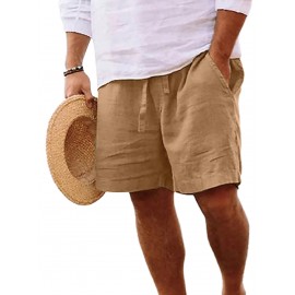 1pc Men'S Casual Linen Blend Shorts - Solid Color, Drawstring Elastic Waist, Breathable Slight Stretch Fabric, Loose Fit Beach Shorts