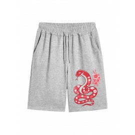 1pc Men'S Casual Polyester Shorts with Elastic Snake Print, Knitted Summer Beachwear, Regular Fit Trendy Outerwear