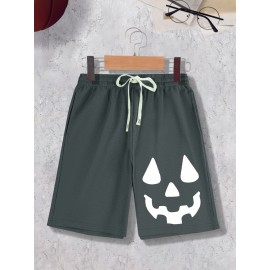 1pc Halloween Pumpkin Smile Print Men'S Casual Cotton Blend Shorts, Slight Stretch Knit Fabric, Regular Fit Sports Shorts