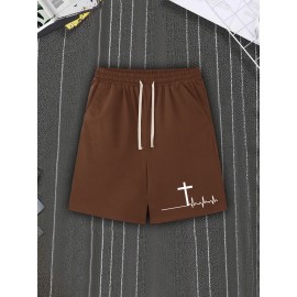 Men's Casual Cross Print Shorts with Pockets - Breathable Polyester, Machine Washable