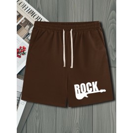 Men's Casual Rock Print Drawstring Shorts - Breathable Polyester, Pockets Included, Machine Washable